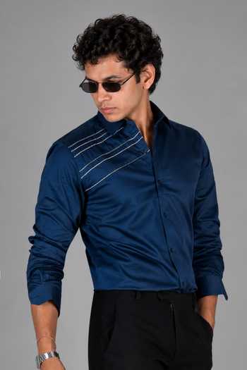 Menoir_Blue 3 Glaze Line Shirt _Online_at_Aza_Fashions
