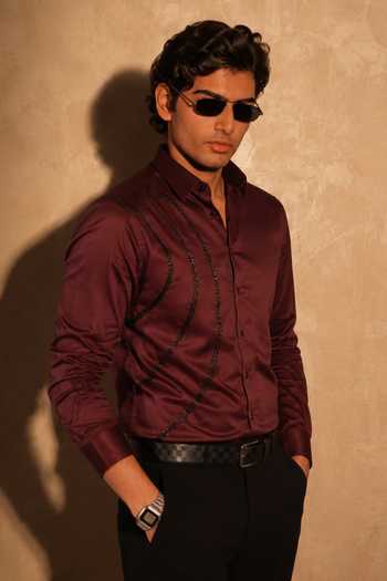 Menoir_Wine Cotton 3 Wave Embroidered Shirt _Online_at_Aza_Fashions