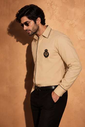 Menoir_Beige Crest Embroidered Shirt _Online_at_Aza_Fashions