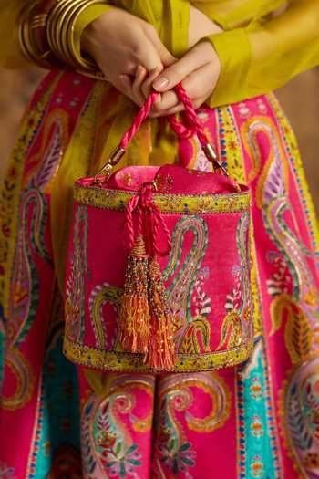 Kalista Pink Embroidery, Tassels Vamika Paisley Potli Online at Aza Fashions Kalista_Pink Embroidery, Tassels Vamika Paisley Potli _Online_at_Aza_Fashions