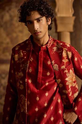 Buy Kalista Red Silk, Chanderi, Viscose Viransh Embroidered Bundi And Kurta Set Online at Aza Fashions Buy_Kalista_Red Silk, Chanderi, Viscose Viransh Embroidered Bundi And Kurta Set _Online_at_Aza_Fashions