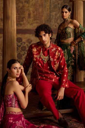 Shop Kalista Red Silk, Chanderi, Viscose Viransh Embroidered Bundi And Kurta Set Online at Aza Fashions Shop_Kalista_Red Silk, Chanderi, Viscose Viransh Embroidered Bundi And Kurta Set _Online_at_Aza_Fashions