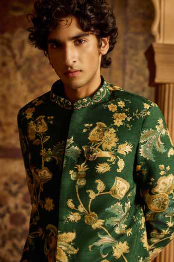 Buy Kalista Green Silk, Chanderi, Viscose Rivaan Embroidered Achkan And Pant Set Online at Aza Fashions Buy_Kalista_Green Silk, Chanderi, Viscose Rivaan Embroidered Achkan And Pant Set _Online_at_Aza_Fashions