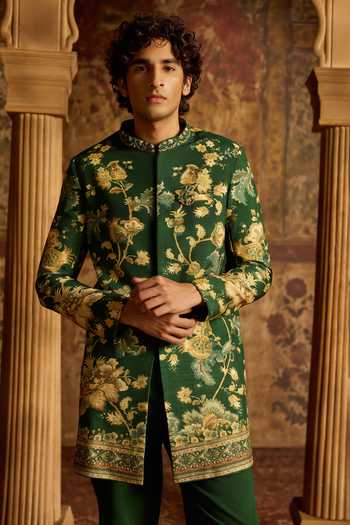 Shop Kalista Green Silk, Chanderi, Viscose Rivaan Embroidered Achkan And Pant Set Online at Aza Fashions Shop_Kalista_Green Silk, Chanderi, Viscose Rivaan Embroidered Achkan And Pant Set _Online_at_Aza_Fashions