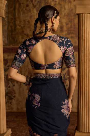 Kalista Blue Organza, Viscose Sweetheart Neck Sayna Printed Saree And Blouse Set Online at Aza Fashions Kalista_Blue Organza, Viscose Sweetheart Neck Sayna Printed Saree And Blouse Set _Online_at_Aza_Fashions