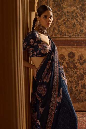 Shop Kalista Blue Organza, Viscose Sweetheart Neck Sayna Printed Saree And Blouse Set Online at Aza Fashions Shop_Kalista_Blue Organza, Viscose Sweetheart Neck Sayna Printed Saree And Blouse Set _Online_at_Aza_Fashions
