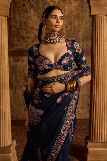 Kalista Blue Organza, Viscose Sweetheart Neck Sayna Printed Saree And Blouse Set at Aza Fashions Kalista_Blue Organza, Viscose Sweetheart Neck Sayna Printed Saree And Blouse Set _at_Aza_Fashions