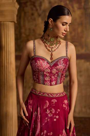 Kalista Fuchsia Silk, Organza, Net Sweetheart Neck Samreen Floral Print Lehenga Set Online at Aza Fashions Kalista_Fuchsia Silk, Organza, Net Sweetheart Neck Samreen Floral Print Lehenga Set _Online_at_Aza_Fashions