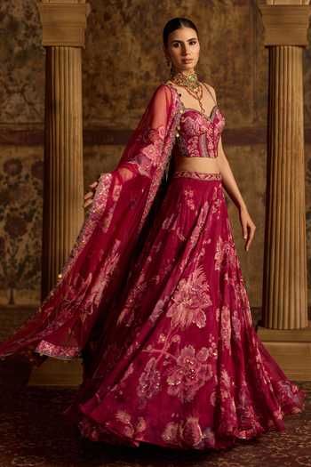 Buy Kalista Fuchsia Silk, Organza, Net Sweetheart Neck Samreen Floral Print Lehenga Set Online at Aza Fashions Buy_Kalista_Fuchsia Silk, Organza, Net Sweetheart Neck Samreen Floral Print Lehenga Set _Online_at_Aza_Fashions