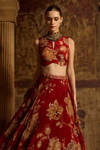 Kalista Red Silk, Organza, Net Keyhole Neck Adwika Floral Print Lehenga Set Online at Aza Fashions Kalista_Red Silk, Organza, Net Keyhole Neck Adwika Floral Print Lehenga Set _Online_at_Aza_Fashions