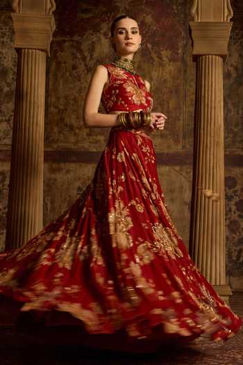 Buy Kalista Red Silk, Organza, Net Keyhole Neck Adwika Floral Print Lehenga Set Online at Aza Fashions Buy_Kalista_Red Silk, Organza, Net Keyhole Neck Adwika Floral Print Lehenga Set _Online_at_Aza_Fashions