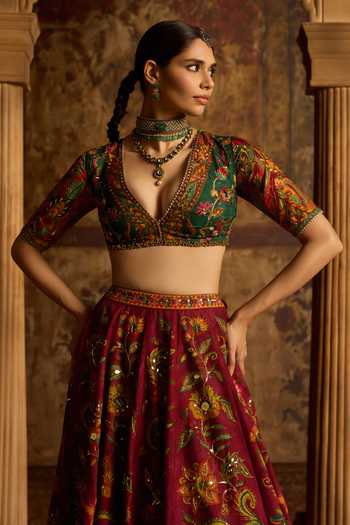 Buy_Kalista_Emerald Green Silk, Net V-neck Riddhima Printed Lehenga Set _Online_at_Aza_Fashions