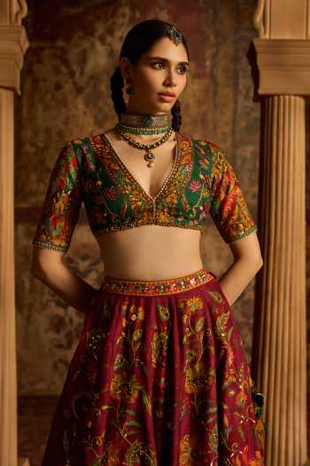 Shop_Kalista_Emerald Green Silk, Net V-neck Riddhima Printed Lehenga Set _Online_at_Aza_Fashions