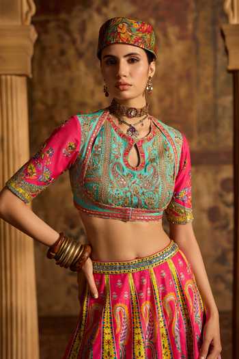 Kalista_Pink Silk, Net Keyhole Neck Nitara Printed Lehenga Set _Online_at_Aza_Fashions