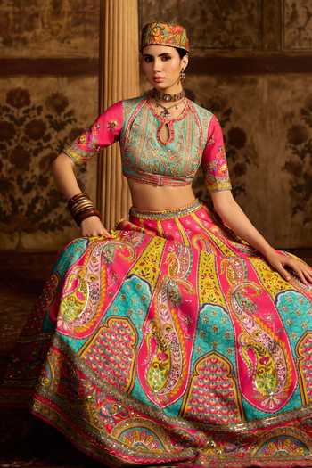 Shop_Kalista_Pink Silk, Net Keyhole Neck Nitara Printed Lehenga Set _Online_at_Aza_Fashions