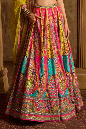 Kalista_Pink Silk, Net Keyhole Neck Nitara Printed Lehenga Set _at_Aza_Fashions