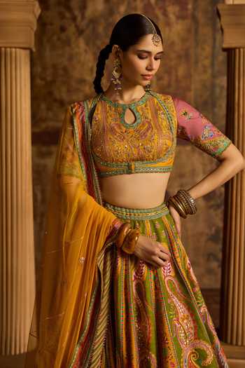 Buy_Kalista_Multi Color Silk, Net Keyhole Neck Nitara Printed Lehenga Set _Online_at_Aza_Fashions