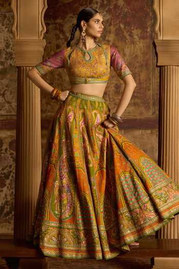 Shop_Kalista_Multi Color Silk, Net Keyhole Neck Nitara Printed Lehenga Set _Online_at_Aza_Fashions
