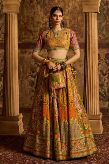Buy_Kalista_Multi Color Silk, Net Keyhole Neck Nitara Printed Lehenga Set 