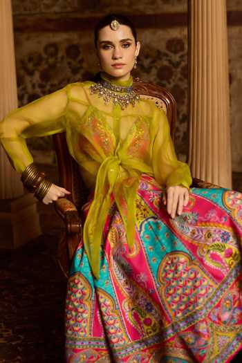 Shop Kalista Pink Silk, Organza Plunge , High Vamika Printed Lehenga Set With Shirt Online at Aza Fashions Shop_Kalista_Pink Silk, Organza Plunge , High Vamika Printed Lehenga Set With Shirt _Online_at_Aza_Fashions