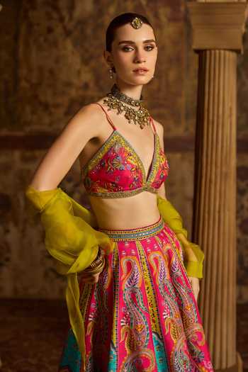 Kalista Pink Silk, Organza Plunge , High Vamika Printed Lehenga Set With Shirt at Aza Fashions Kalista_Pink Silk, Organza Plunge , High Vamika Printed Lehenga Set With Shirt _at_Aza_Fashions