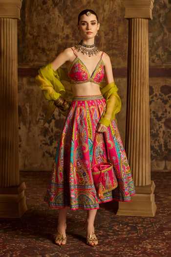 Shop Kalista Pink Silk, Organza Plunge , High Vamika Printed Lehenga Set With Shirt Shop_Kalista_Pink Silk, Organza Plunge , High Vamika Printed Lehenga Set With Shirt