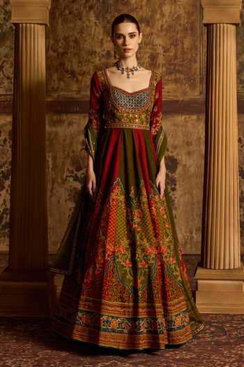 Shop_Kalista_Maroon Silk, Viscose, Net Sweetheart Shirina Floral Print Anarkali With Dupatta _Online_at_Aza_Fashions