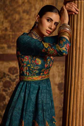 Buy_Kalista_Blue Silk, Net High Neck Reha Floral Print Anarkali With Dupatta _Online_at_Aza_Fashions