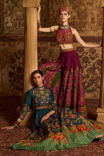 Shop_Kalista_Blue Silk, Net High Neck Reha Floral Print Anarkali With Dupatta _Online_at_Aza_Fashions