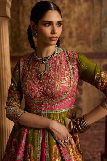 Buy Kalista Green Silk, Viscose Keyhole Neck Taroob Embroidered Anarkali With Lehenga Online at Aza Fashions Buy_Kalista_Green Silk, Viscose Keyhole Neck Taroob Embroidered Anarkali With Lehenga _Online_at_Aza_Fashions