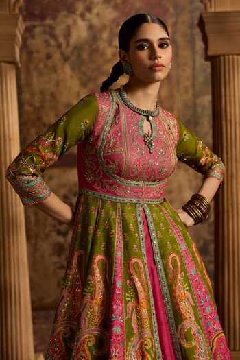 Shop_Kalista_Green Silk, Viscose Keyhole Neck Taroob Embroidered Anarkali With Lehenga _Online_at_Aza_Fashions