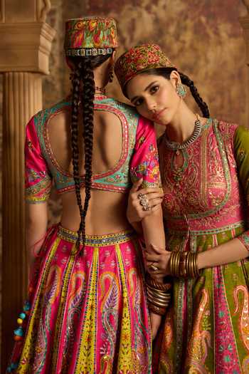 Kalista Green Silk, Viscose Keyhole Neck Taroob Embroidered Anarkali With Lehenga at Aza Fashions Kalista_Green Silk, Viscose Keyhole Neck Taroob Embroidered Anarkali With Lehenga _at_Aza_Fashions