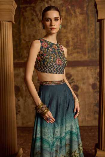Kalista Blue Silk, Organza Round Neck Amisha Printed Sharara Set Online at Aza Fashions Kalista_Blue Silk, Organza Round Neck Amisha Printed Sharara Set _Online_at_Aza_Fashions