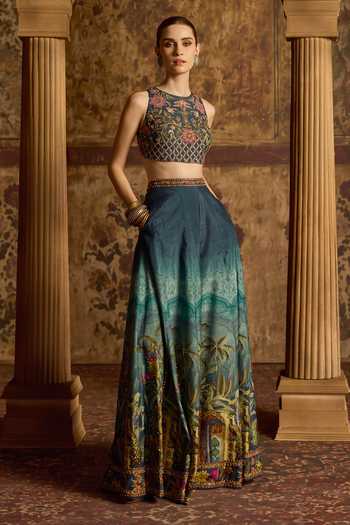 Shop Kalista Blue Silk, Organza Round Neck Amisha Printed Sharara Set Online at Aza Fashions Shop_Kalista_Blue Silk, Organza Round Neck Amisha Printed Sharara Set _Online_at_Aza_Fashions