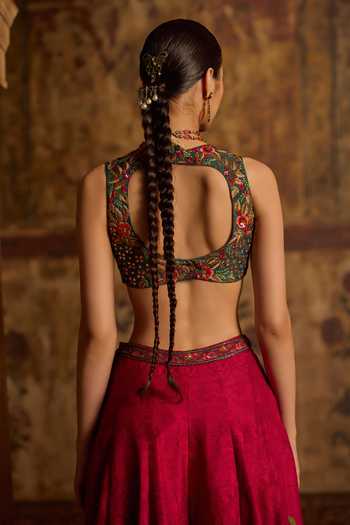 Kalista Green Silk, Viscose, Organza Keyhole Neck Amyha Embroidered Cape Sharara Set Online at Aza Fashions Kalista_Green Silk, Viscose, Organza Keyhole Neck Amyha Embroidered Cape Sharara Set _Online_at_Aza_Fashions