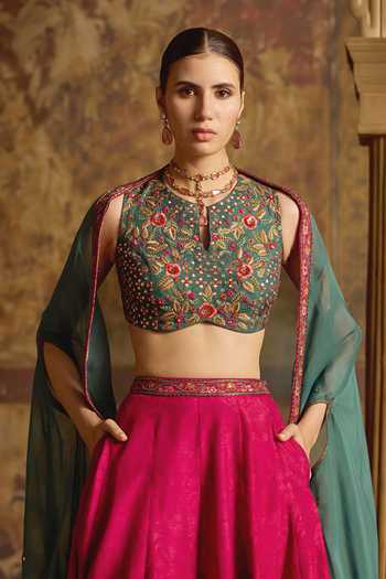 Buy Kalista Green Silk, Viscose, Organza Keyhole Neck Amyha Embroidered Cape Sharara Set Online at Aza Fashions Buy_Kalista_Green Silk, Viscose, Organza Keyhole Neck Amyha Embroidered Cape Sharara Set _Online_at_Aza_Fashions