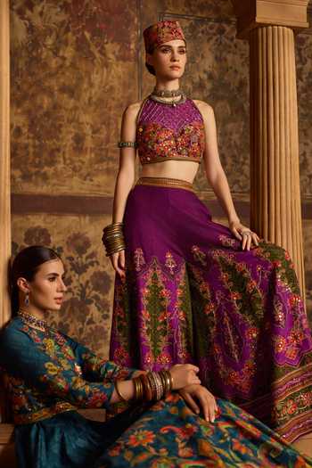 Shop Kalista Purple Silk, Viscose Halter Neck Arika Embroidered Blouse And Sharara Set Online at Aza Fashions Shop_Kalista_Purple Silk, Viscose Halter Neck Arika Embroidered Blouse And Sharara Set _Online_at_Aza_Fashions