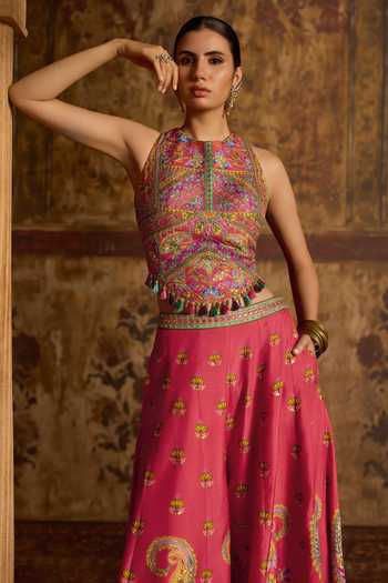 Kalista Coral Silk, Viscose Halter Neck Akshara Embroidered Blouse And Set Online at Aza Fashions Kalista_Coral Silk, Viscose Halter Neck Akshara Embroidered Blouse And Set _Online_at_Aza_Fashions