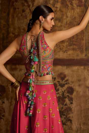 Buy Kalista Coral Silk, Viscose Halter Neck Akshara Embroidered Blouse And Set Online at Aza Fashions Buy_Kalista_Coral Silk, Viscose Halter Neck Akshara Embroidered Blouse And Set _Online_at_Aza_Fashions