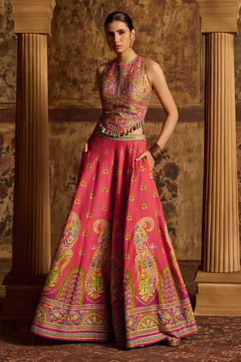 Shop Kalista Coral Silk, Viscose Halter Neck Akshara Embroidered Blouse And Set Online at Aza Fashions Shop_Kalista_Coral Silk, Viscose Halter Neck Akshara Embroidered Blouse And Set _Online_at_Aza_Fashions