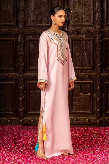 Buy Bahaara By Divya Narula Pink Silk V-neck Yoke Embellished Kaftan Online at Aza Fashions Buy_Bahaara By Divya Narula_Pink Silk V-neck Yoke Embellished Kaftan _Online_at_Aza_Fashions