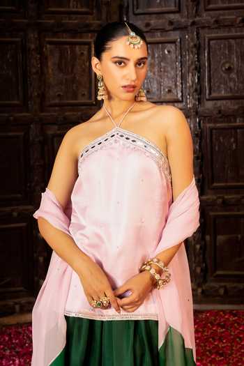 Bahaara By Divya Narula Green Silk, Organza Halter Neck Embellished Kurta Set Online at Aza Fashions Bahaara By Divya Narula_Green Silk, Organza Halter Neck Embellished Kurta Set _Online_at_Aza_Fashions