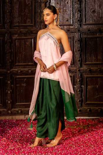 Shop Bahaara By Divya Narula Green Silk, Organza Halter Neck Embellished Kurta Set Online at Aza Fashions Shop_Bahaara By Divya Narula_Green Silk, Organza Halter Neck Embellished Kurta Set _Online_at_Aza_Fashions