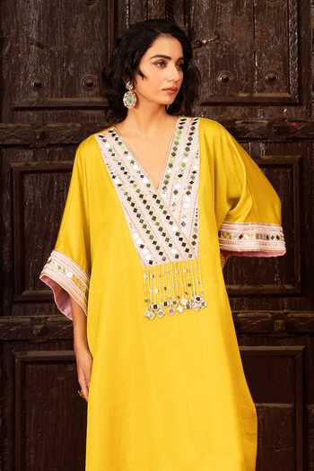 Bahaara By Divya Narula Yellow Silk V-neck Mirror Work Kaftan And Pant Set Online at Aza Fashions Bahaara By Divya Narula_Yellow Silk V-neck Mirror Work Kaftan And Pant Set _Online_at_Aza_Fashions