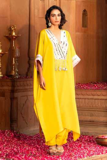Buy Bahaara By Divya Narula Yellow Silk V-neck Mirror Work Kaftan And Pant Set Online at Aza Fashions Buy_Bahaara By Divya Narula_Yellow Silk V-neck Mirror Work Kaftan And Pant Set _Online_at_Aza_Fashions