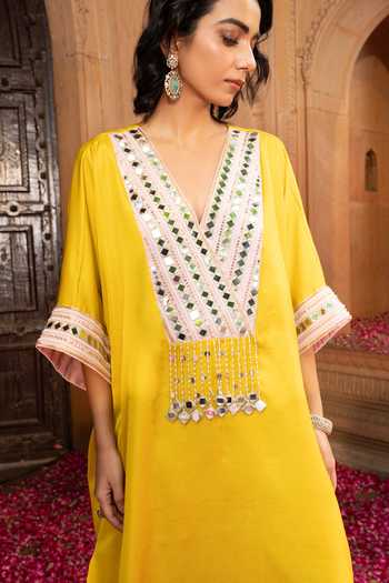 Shop Bahaara By Divya Narula Yellow Silk V-neck Mirror Work Kaftan And Pant Set Online at Aza Fashions Shop_Bahaara By Divya Narula_Yellow Silk V-neck Mirror Work Kaftan And Pant Set _Online_at_Aza_Fashions