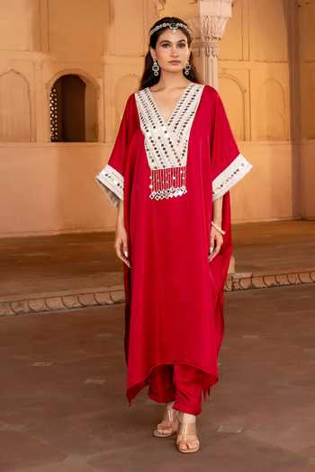 Bahaara By Divya Narula Red Silk V-neck Vibrant Kaftan And Pant Set Online at Aza Fashions Bahaara By Divya Narula_Red Silk V-neck Vibrant Kaftan And Pant Set _Online_at_Aza_Fashions