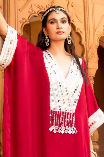 Shop Bahaara By Divya Narula Red Silk V-neck Vibrant Kaftan And Pant Set Online at Aza Fashions Shop_Bahaara By Divya Narula_Red Silk V-neck Vibrant Kaftan And Pant Set _Online_at_Aza_Fashions