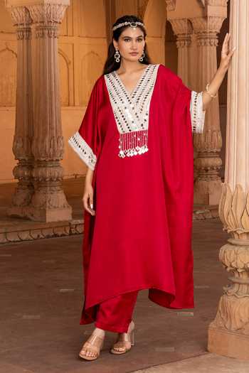 Bahaara By Divya Narula Vibrant Red Kaftan & Pant Set 