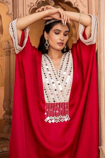 Bahaara By Divya Narula Red Silk V-neck Vibrant Kaftan And Pant Set at Aza Fashions Bahaara By Divya Narula_Red Silk V-neck Vibrant Kaftan And Pant Set _at_Aza_Fashions